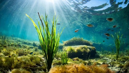Fototapeta na wymiar swamp underwater scene with plant and fishes