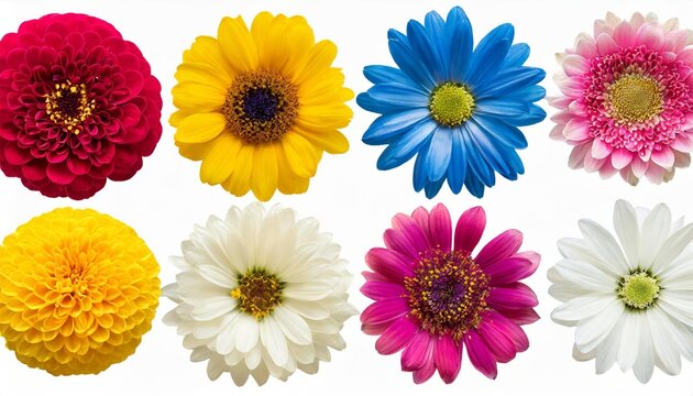 big collection of various head flowers pink white blue and yellow isolated on white background perfectly retouched full depth of field on the photo top view flat lay