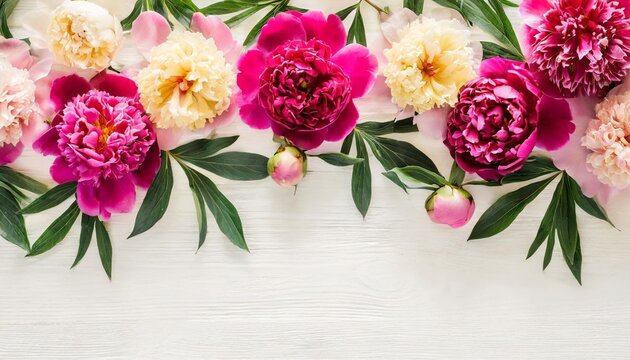 border frame made of pink and beige peonies flower and isolated on white background flat lay top view frame of flowers