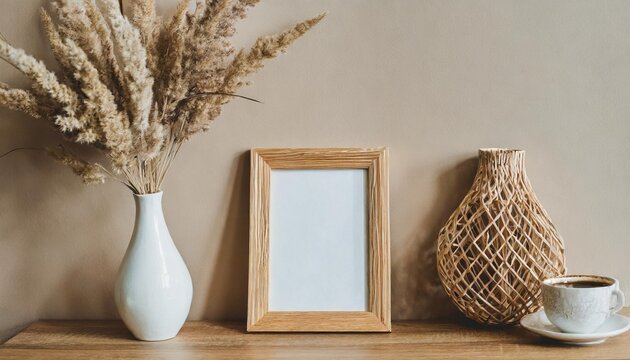 empty wooden picture frame mockup hanging on beige wall background boho shaped vase dry flowers on the table cup of coffee working space home office art poster display modern room