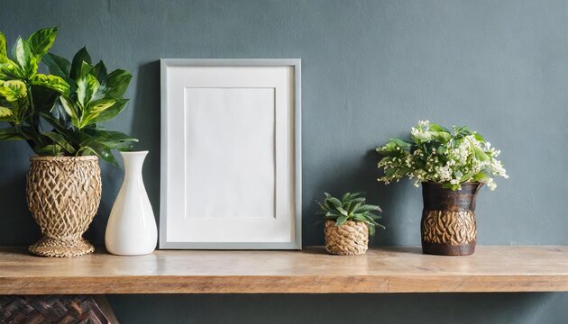 photo frame canvas mock up poster mock up interior of a room with plants and vase blank picture frame on shelf