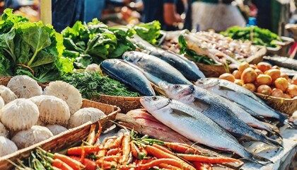 local market with fresh farm products sea fish and seafood close up on street counter - obrazy, fototapety, plakaty
