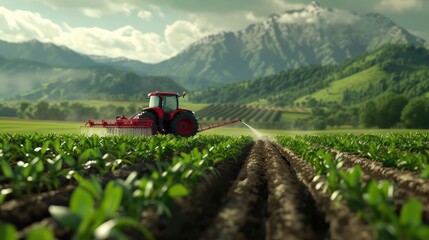 a tractor is cultivating a field to display modern technology with agricultural landscapes. spraying pesticides or attacking pests to demonstrate the effectiveness of modern farming methods. - obrazy, fototapety, plakaty