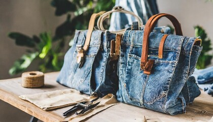 handbags made from old jeans on a dressmaker table diy denim upcycling using old jeans upcycle denim stuff sustainable lifestyle hobby crafting recycling zero waste concept - obrazy, fototapety, plakaty