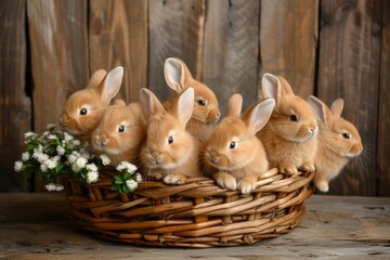 Obraz premium A lot of cute caramel and brown little rabbits ensconced in wicker basket on table against a wooden wall