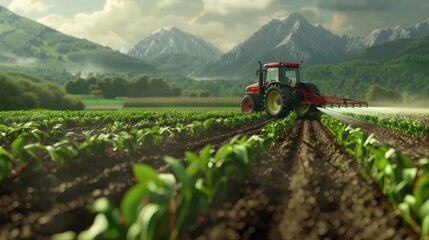 a tractor is cultivating a field to display modern technology with agricultural landscapes. spraying pesticides or attacking pests to demonstrate the effectiveness of modern farming methods. - obrazy, fototapety, plakaty