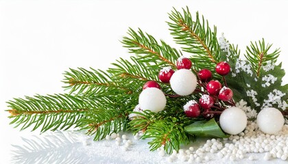 Fototapeta na wymiar green christmas pine twigs and snowberries in a festive corner arrangement isolated on white or transparent background
