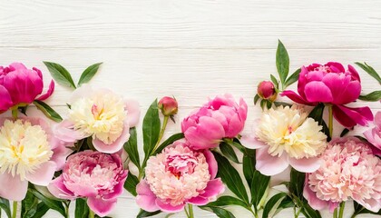 Naklejka na ściany i meble border frame made of pink and beige peonies flower and isolated on white background flat lay top view frame of flowers