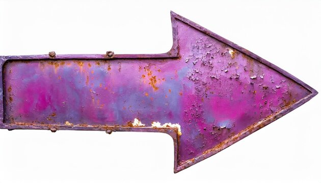 pink purple rusty and grunge metal iron plate arrow with peeling coating and scratches texture isolated on a white background