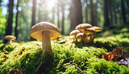 mushrooms growing in the forest on mossy ground with sunlight - obrazy, fototapety, plakaty