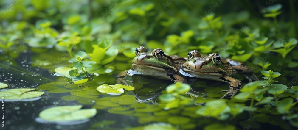 Wall mural two charming green frogs peacefully resting in a beautiful natural pond surrounded by vibrant aquati