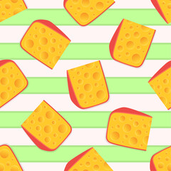 Pieces of cheese with large holes and red crust. Vector seamless pattern. Best for textile, print, wrapping paper, package and your design.