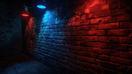 placement of red and blue lights to create dynamic shadows and highlights on a brick wall, enhancing texture and depth for a visually appealing background.