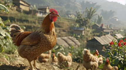 A large chicken with a farm background. farming practices, local chicken breeds or local farming practices.