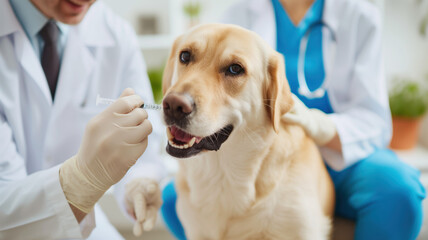 Veterinarian giving an injection to a white dog during inspection of its health, doctor in a medical gown and gloves at the background