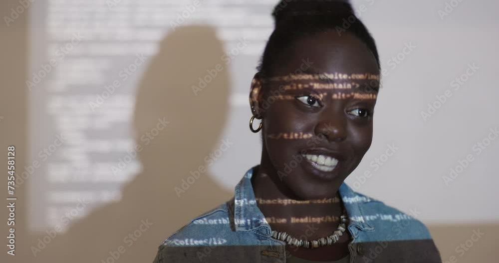 Aufkleber Woman, presentation and coding with talking in office for solution, software and web 3.0 development. African programmer, projector and workshop with smile for information technology with feedback