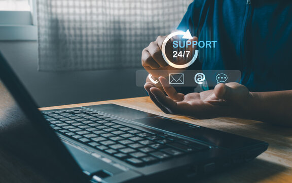 Business people showing virtual 24-7 technical support for worldwide nonstop and full-time available contact us concept. Assistance customer service technology, client consulting care with call center