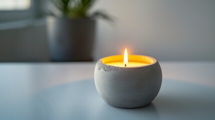 A concrete candlestick rests elegantly on a white surface, emanating a sense of modernity and refined simplicity. Luxury elegant decoration with soft candle flame.