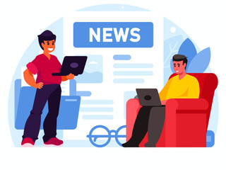 People read news online. Programmer standing with laptop. Man holding a laptop. A programmer sitting in a chair and working at a laptop. Freelancer working from home. News page concept. Newspaper with