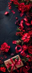 festive banner with flowers and a gift with ribbons on a dark background. copy space. top view. flat lay. concept of mother's day, valentines day, eighth of march