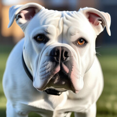Portrait of stocky, strong-looking American Bulldog in the yard of the house or park. 