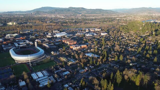 arial of college campus, golden hour