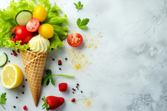 Ice cream cone topped with fresh vegetables and lemon presented in a flat lay style Copy space image Place for adding text or design. Vegan healthy eating conceptual still life. Healthy fresh vegetabl