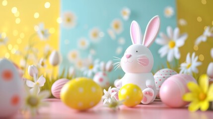 Naklejka na ściany i meble Cute Easter bunny among daisies and pastel eggs in a spring setting. Bright and cheerful Easter decoration with flowers and a playful bunny.
