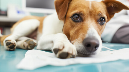 Obraz premium Redhead puppy with sore paw at a veterinarian's inspection laying on the table and afraid doctor in a medical gown in the background