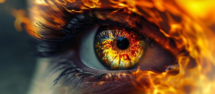 Intense close up of a fiery burning eye in incredible detail and vivid colors