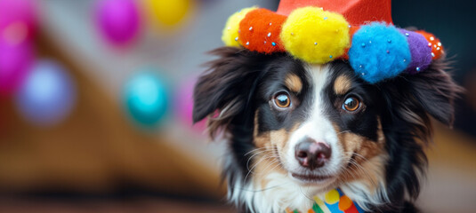 Fototapeta na wymiar dog wearing birthday hat. Birthday Dog. Happy cute scruffy dog celebrating with birthday party hat, blue background with copy space to side. Funny party dog wearing colorful hat