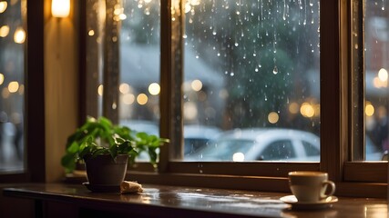 A window adorned with raindrops glistening under the warm coffee shop lights