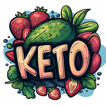 Logo of a Keto Diet Receipe with "KETO" text, Icon of some Keto Vegetables over a Simple Background. Keto Food Illustration Sticker.