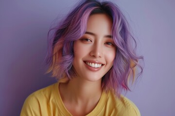 Vibrant Portrait of a Cheerful Happy Smiling Young Asian Woman with Colorful Hair Isolated on Light Purple Background. Generative AI.