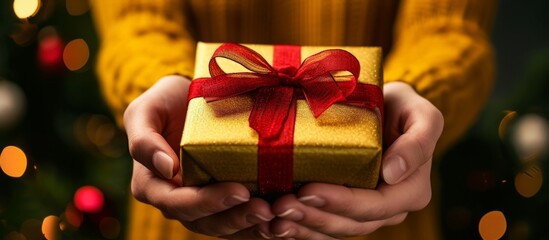 Joyful person holding a beautifully wrapped present box with a vibrant red ribbon