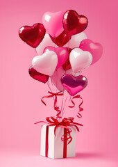 Heart shaped baloons fly out of white with red ribbon gift box on Saint Valentines day and solid pink neutral background