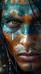 A Native American Indian looks on with serenity and determination in a stunning portrait, maintaining protective vigilance. Native American Indian with ancestral connection to the land.