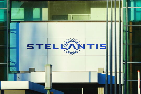 Turin, Italy - February 2024: The Stellantis logo at the entrance to the Mirafiori factory in Turin.