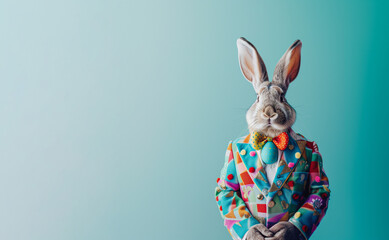 Rabbit standing as a human in colorful fashion suit with egg decor. Abstract fun idea.