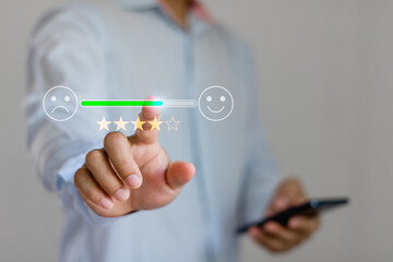 Customer satisfaction survey concept. Client drags scroll bar for rated service 5 star product...