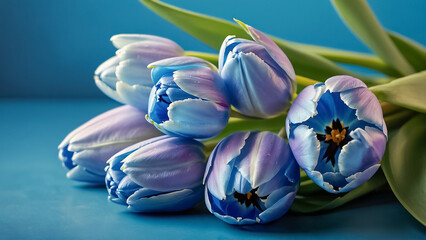 Beautiful tulip flowers on a blue background vintage