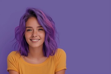 Fototapeta premium Vibrant Portrait of a Cheerful Happy Smiling Young Caucasian Woman with Colorful Hair Isolated on Light Purple Background. Generative AI. 