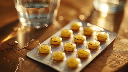 Pill blister, the pills are yellow with smiling faces, on table next to a glass of water.