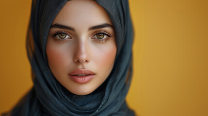Beautiful Muslim Woman wearing black Hijab Against Yellow Backdrop with copy space, front view looking straight to the camera