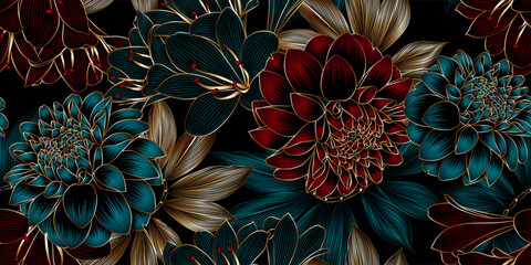 Vintage luxurious seamless pattern with golden flowers dahlia and leaves.