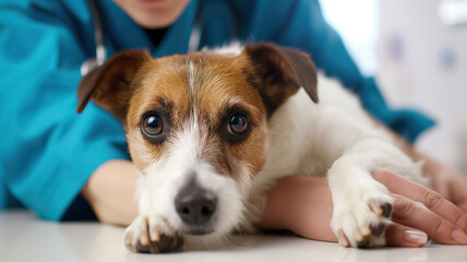 Quite jack russel dog at a veterinarian's appointment laying on the table, a doctor in a medical gown in the background