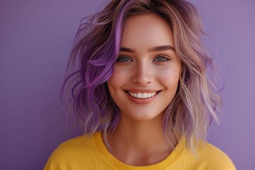 Vibrant Portrait of a Cheerful Happy Smiling Young Caucasian Woman with Colorful Hair Isolated on Light Purple Background. Generative AI.
