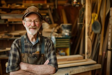 Skilled Carpenter: Proud Male Craftsman Stands at Woodworking Shop, Smiling at His Handiwork