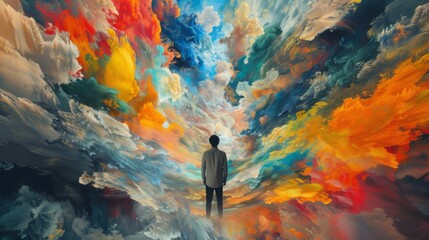 A vibrant cloud of colors swirls behind the figure, their paintbrush capturing the essence of modern art in the outdoor landscape - obrazy, fototapety, plakaty