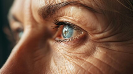A mesmerizing close-up portrait of an elderly person's eye reveals the delicate texture of their aged skin, the intricate details of their iris and eyelashes, and the wisdom and stories etched into t